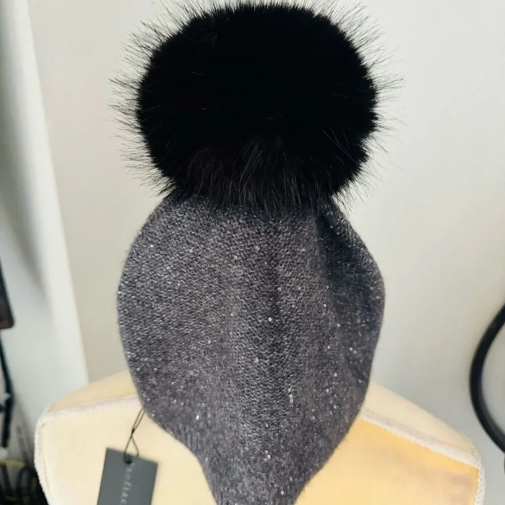 Sofia Cashmere Sequin 100%‎ Cashmere Beanie with Faux Fur Pompom Gray/Black, NWT